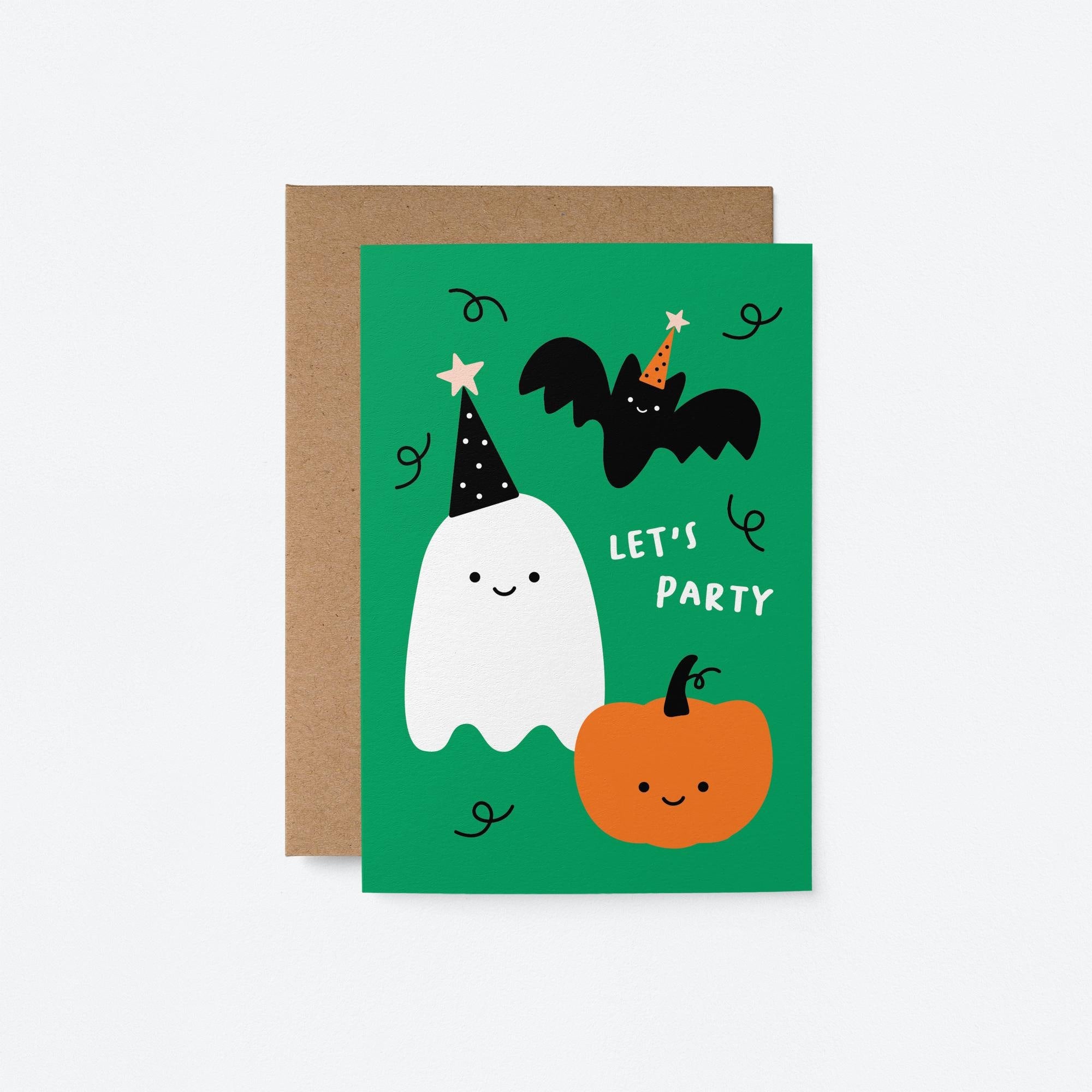 Let's Party Halloween card with a playful ghost, bat, and pumpkin for Halloween celebrations.