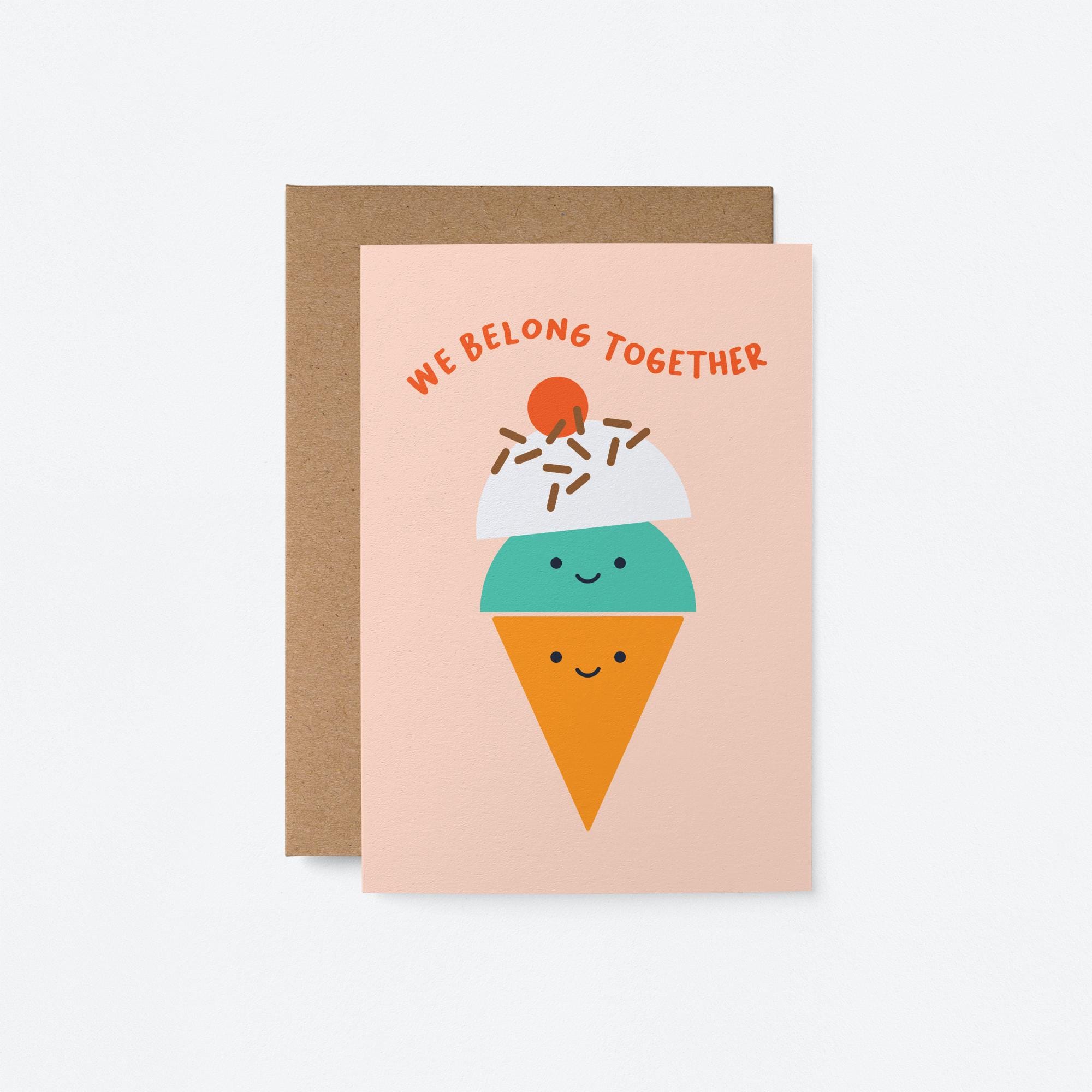 We Belong Together&quot; cute ice cream cone greeting card with smiling scoops, perfect for anniversaries, Valentine&#39;s Day, or couples, featuring kawaii food art and eco-friendly materials