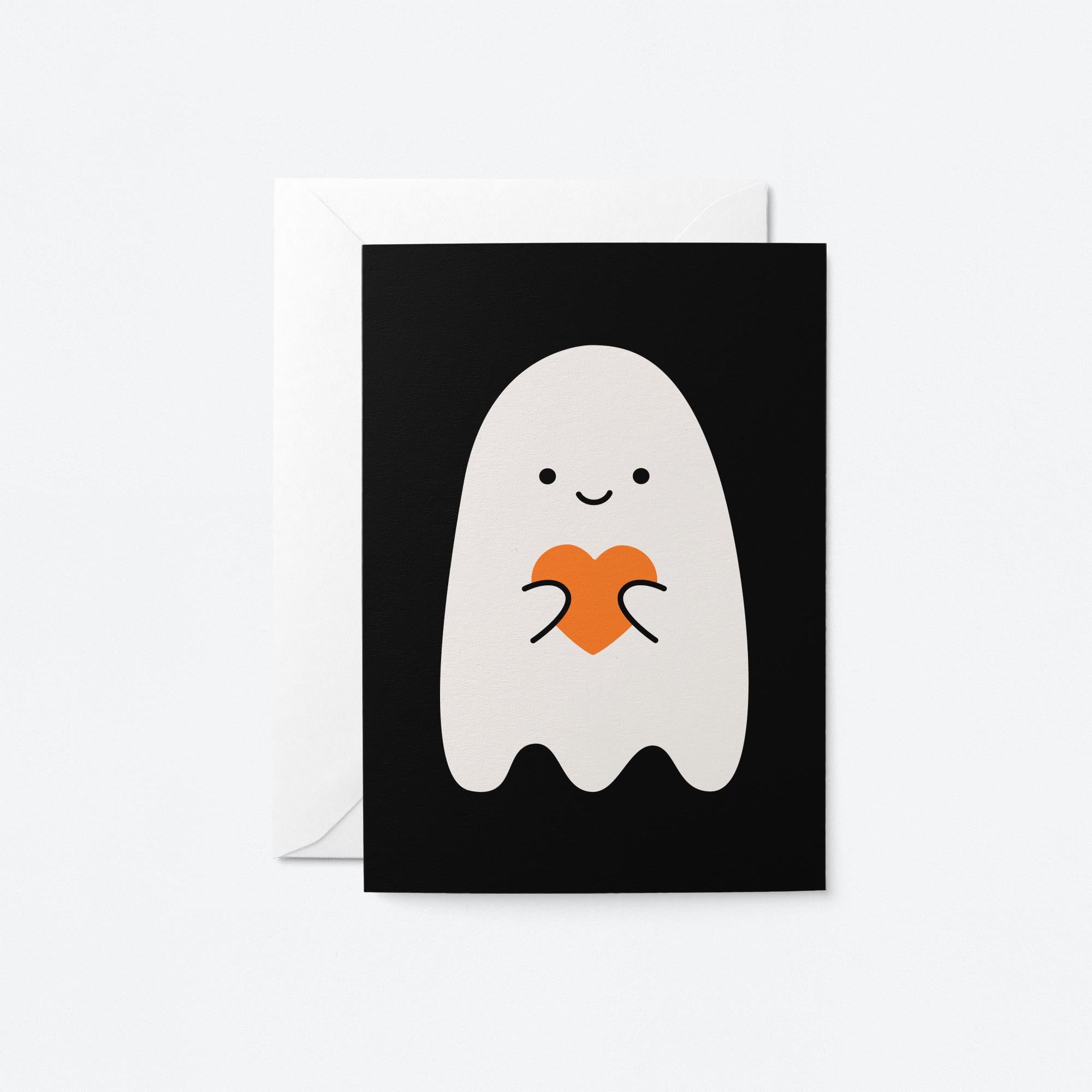 Adorable ghost holding a heart Halloween love card for spooky romance.