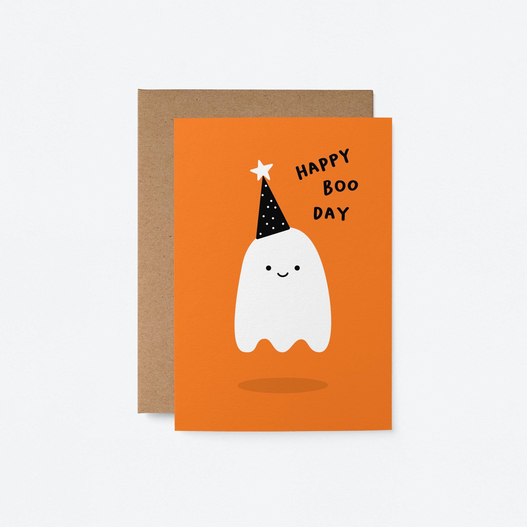 Happy Boo Day Halloween card featuring a cute ghost in a party hat for Halloween birthdays.