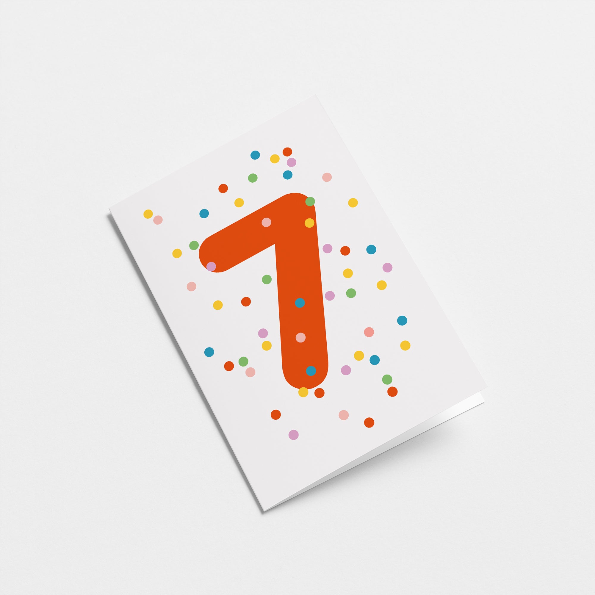 7th birthday age card with colorful confetti and red number 7