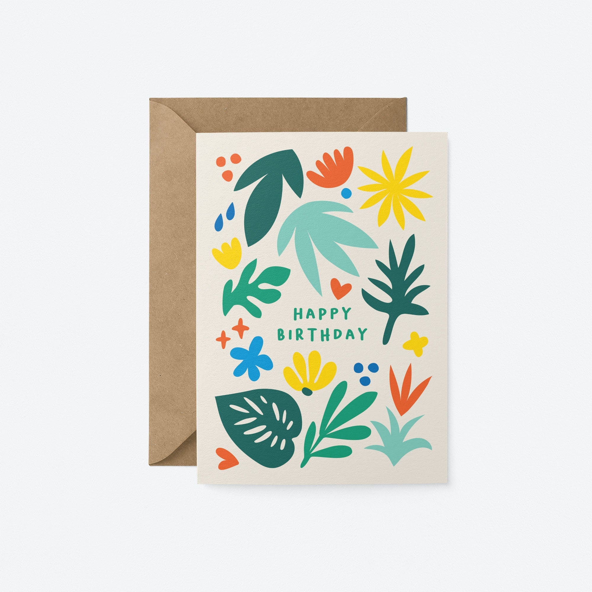 Birthday card with colorful leafs and a yellow sun figure with a text that says happy birthday