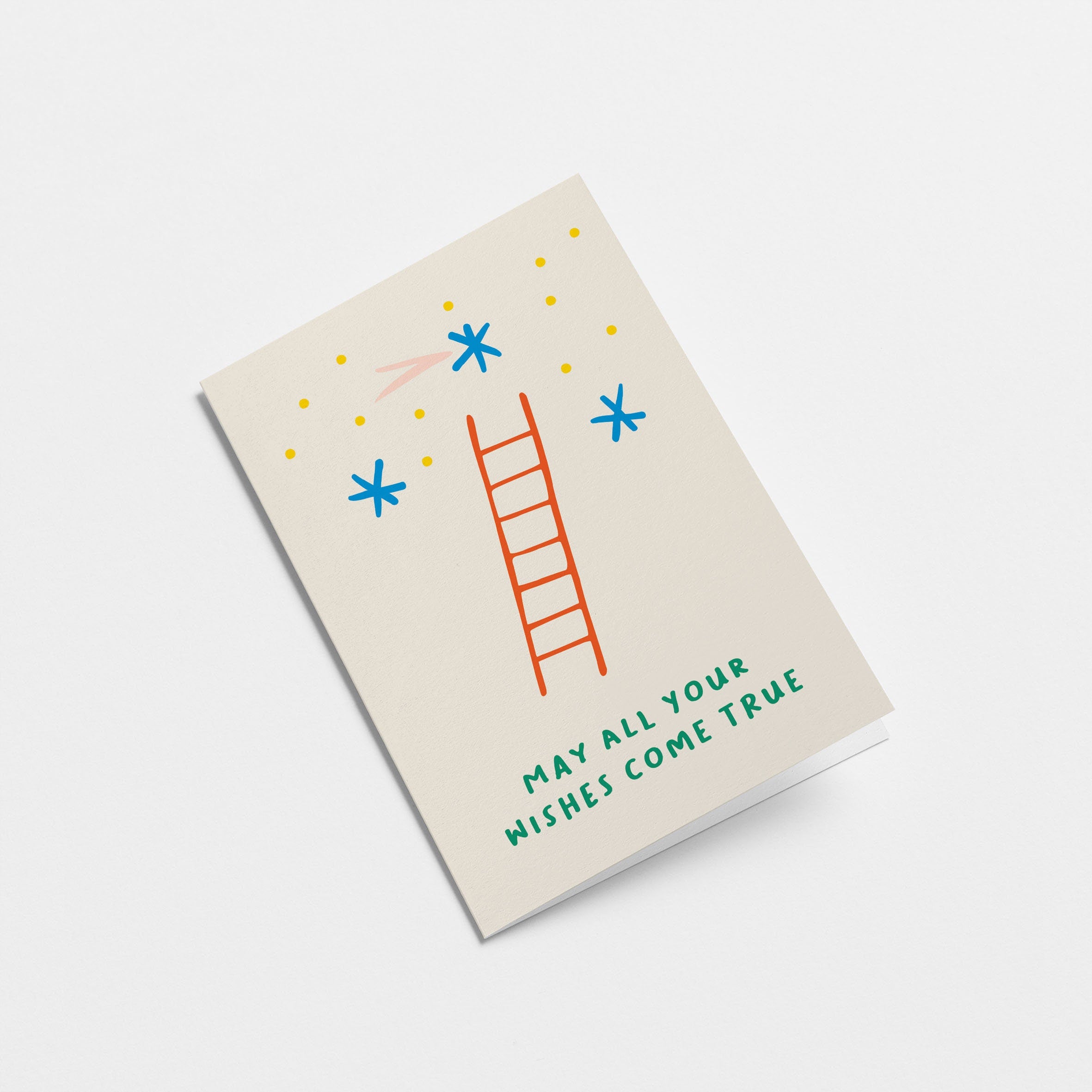 Birthday card with a red ladder and blue stars and a text that says May all your wishes come true