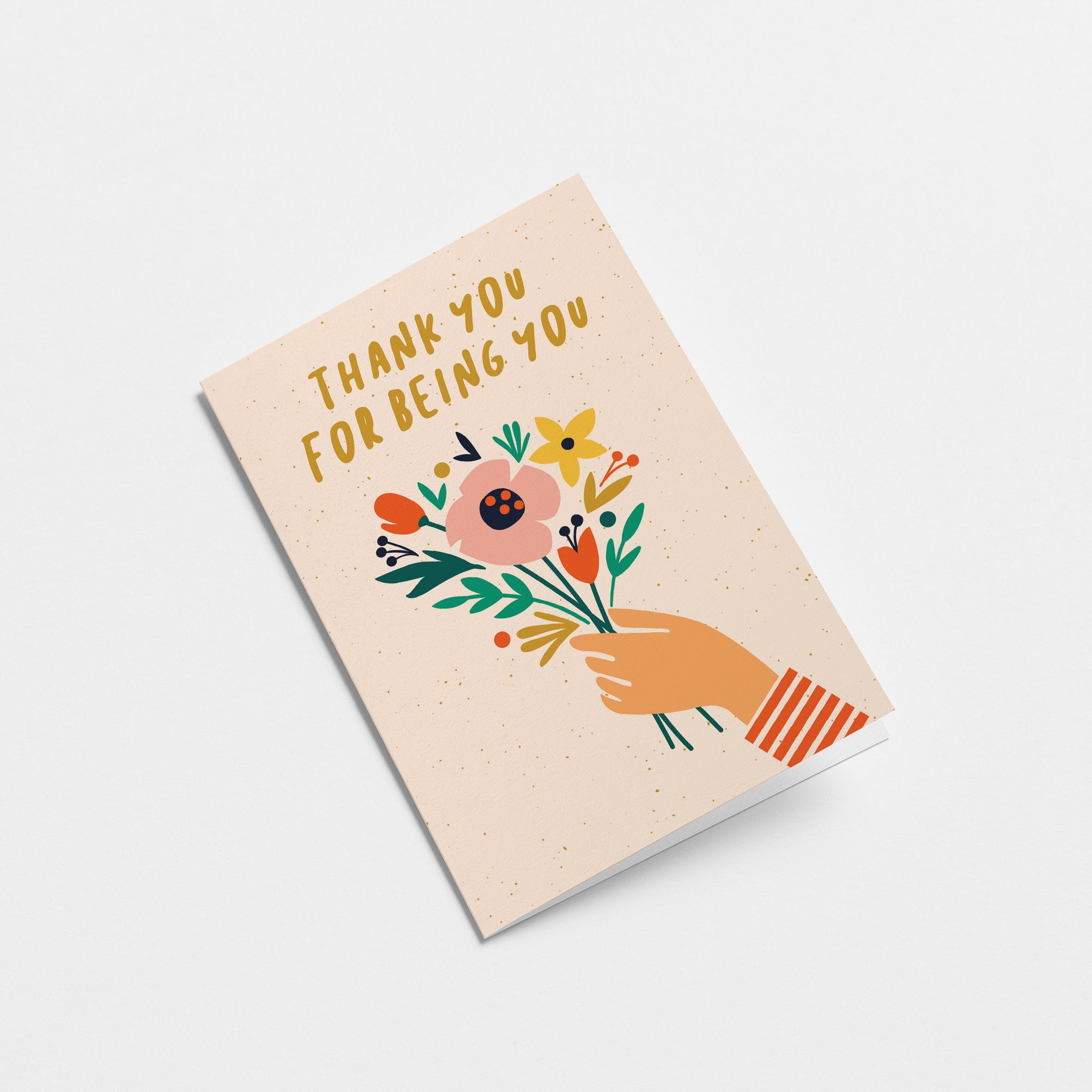 friendship card with a hand holding colorful flowers and a text that says thank you for being you