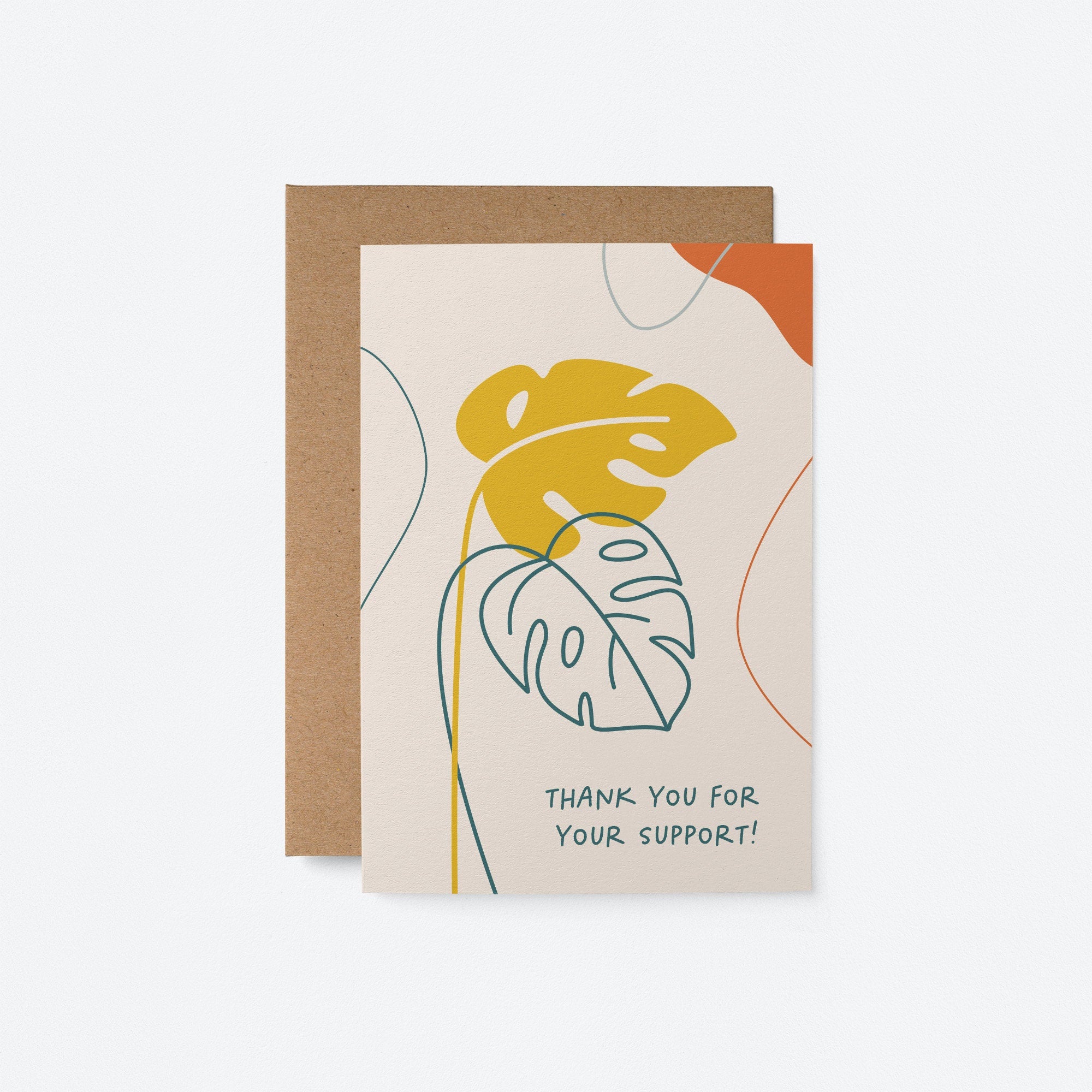 thank you card with yellow and green leaf drawings and a text that says thank you for your support