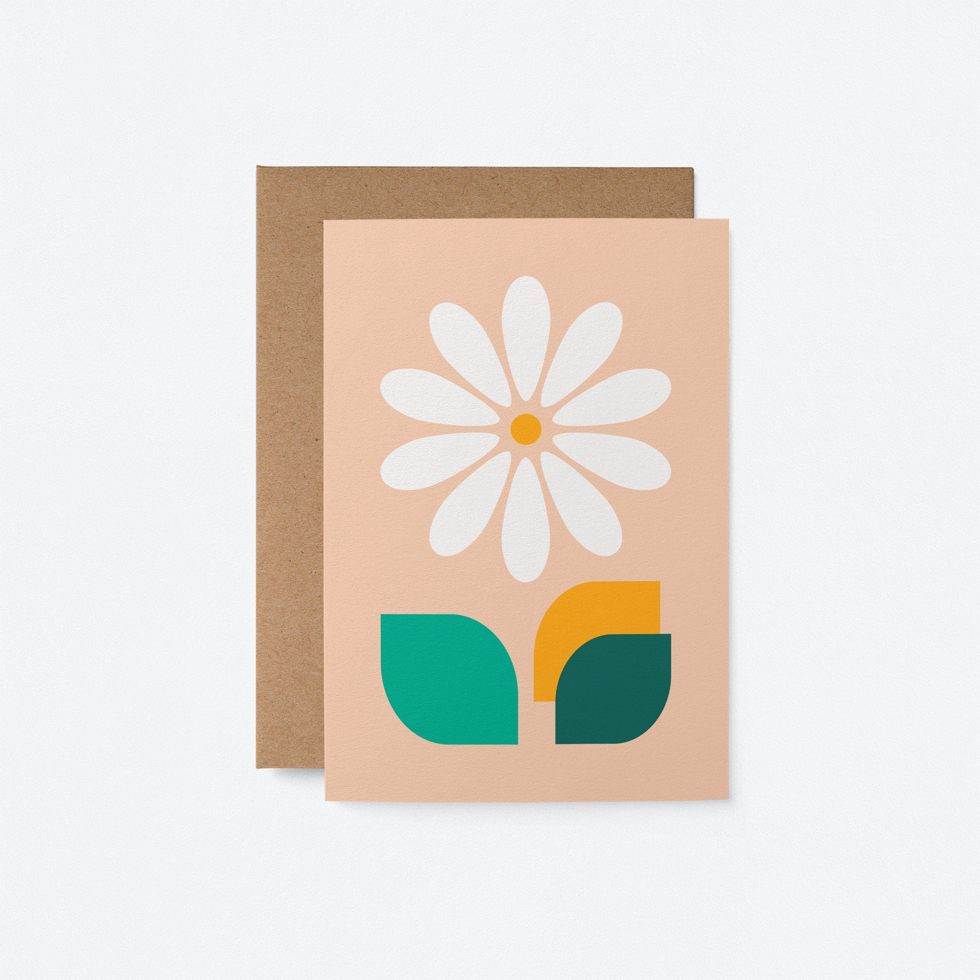 everyday greeting card with white daisy and green, yellow, dark green leafs