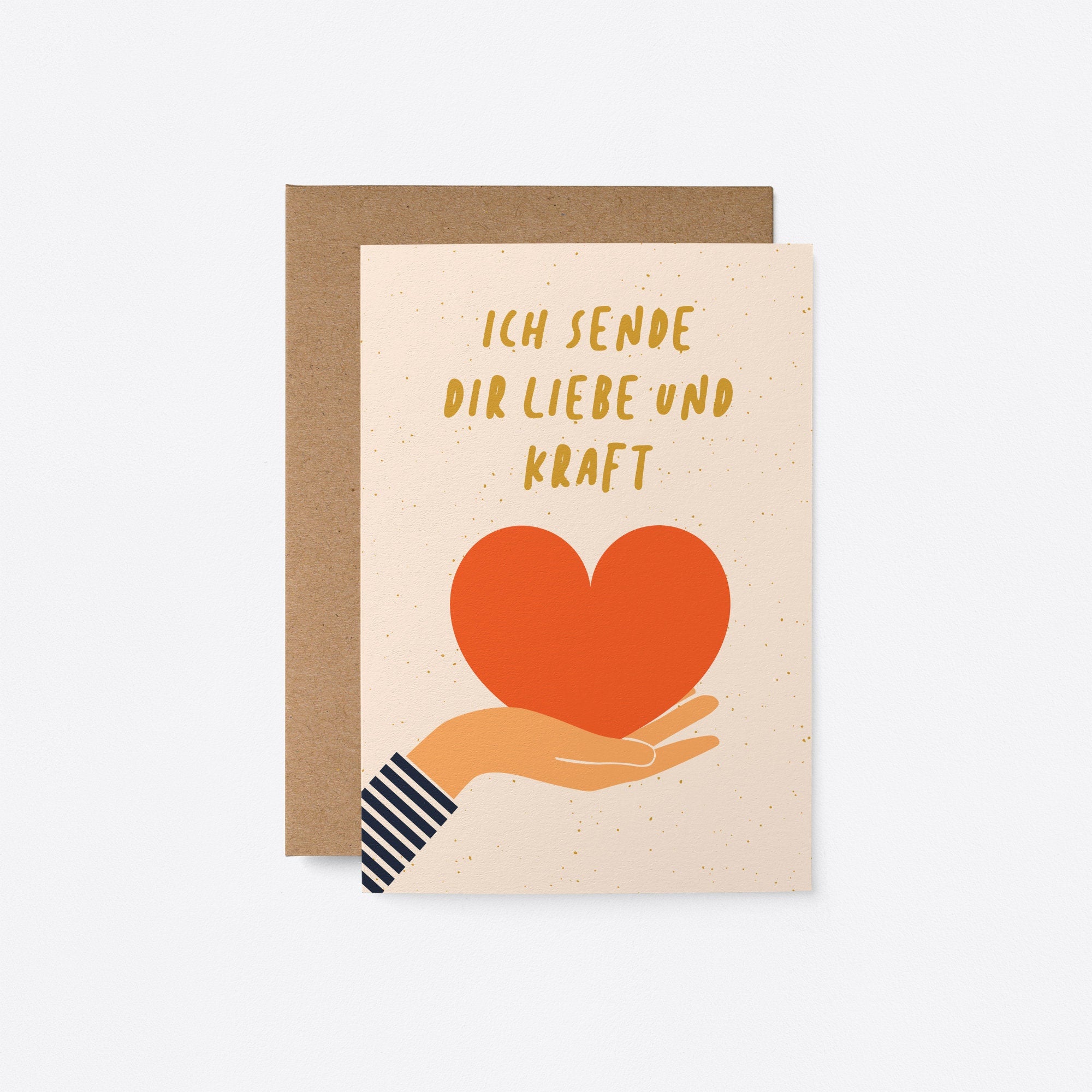 friendship and support card with a hand holding a red heart and a text that says Ich sende dir liebe und kraft. 