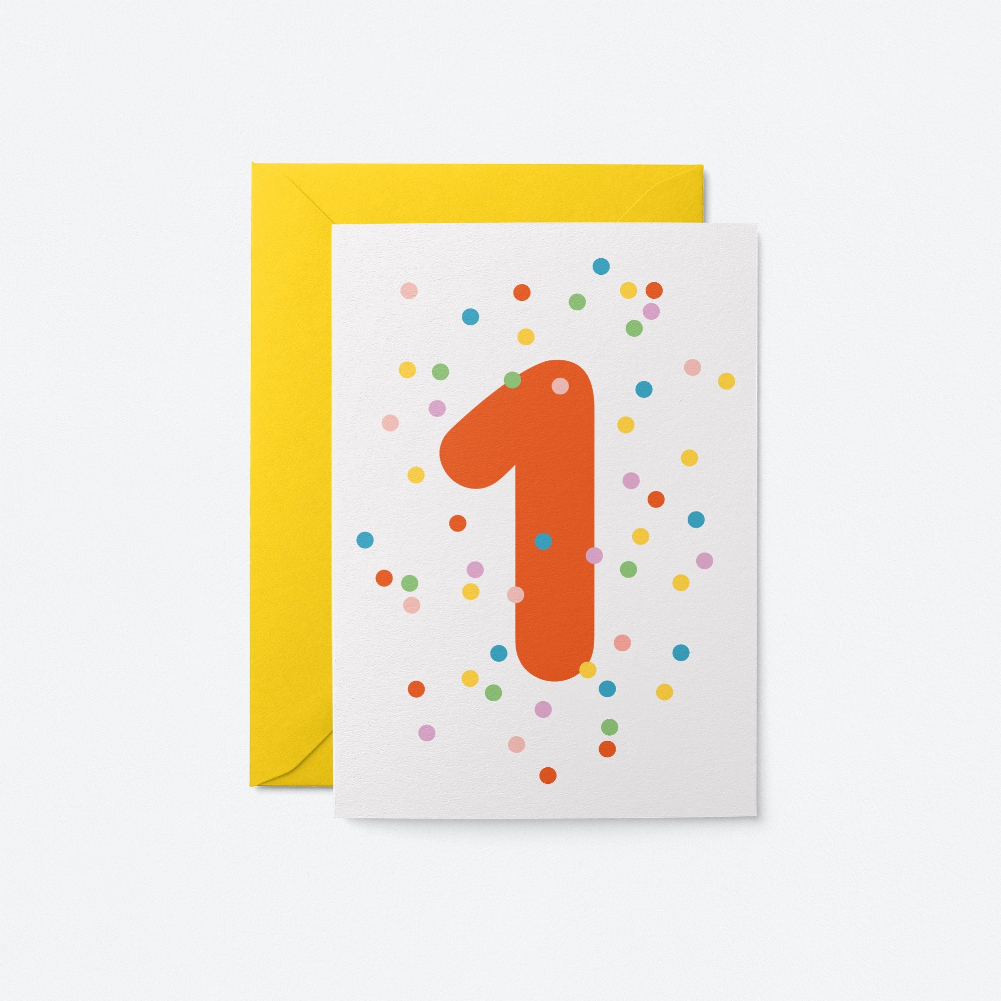 1st birthday age card with colorful confetti and red number 1