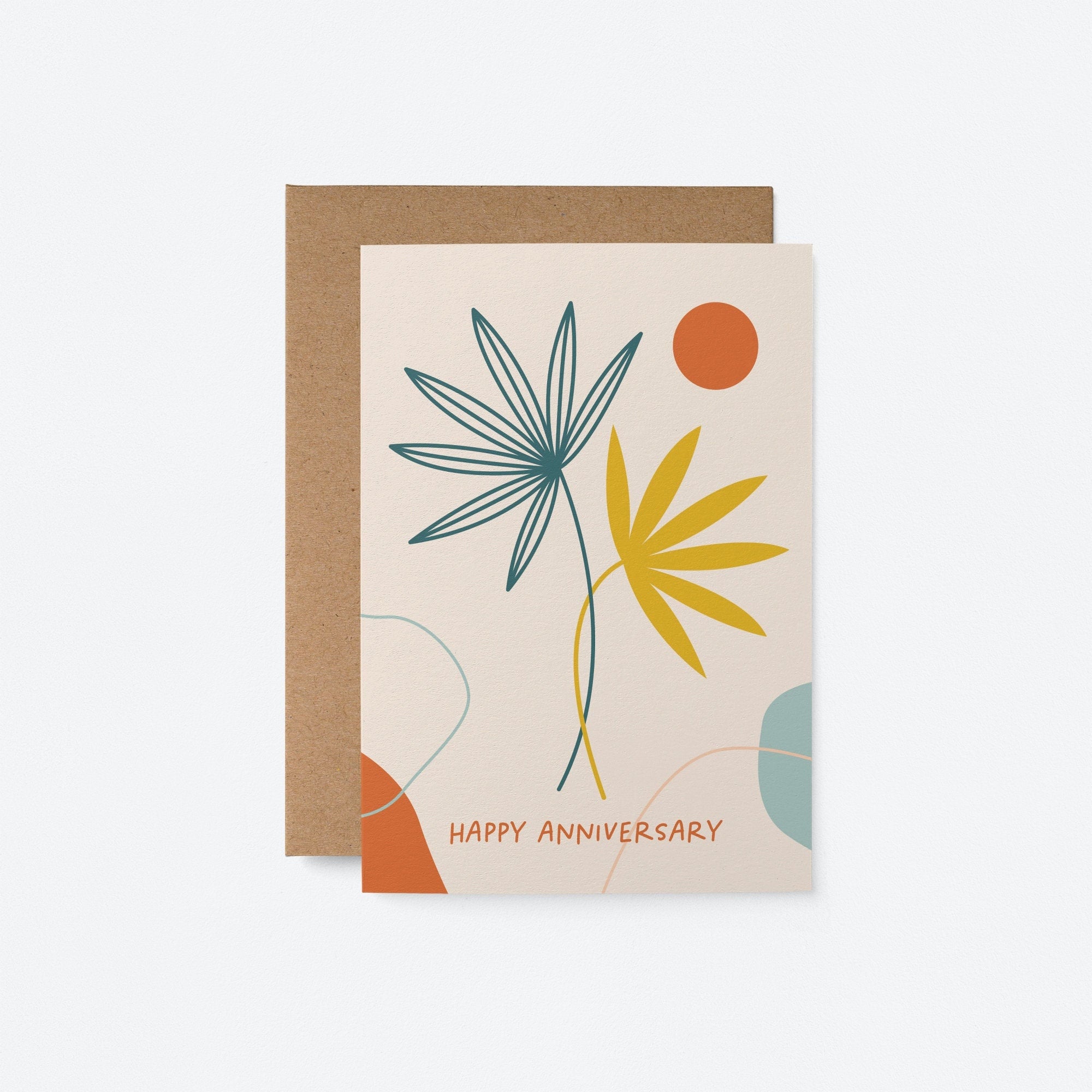 anniversary card with a green plant drawing and a yellow plant drawing and a orange sun figure and a text that says happy anniversary