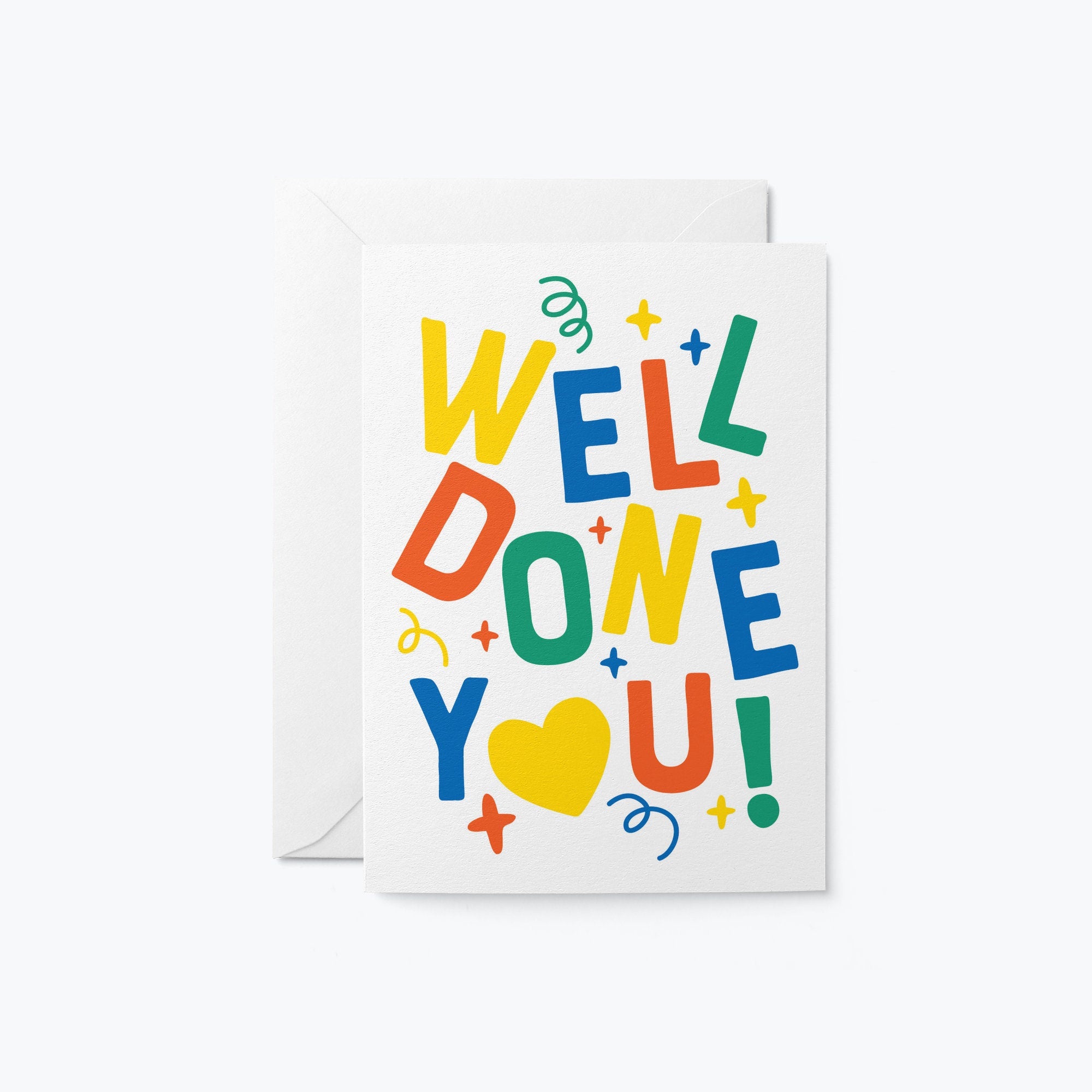 congratulations card with colorful letters and a text of well done you!